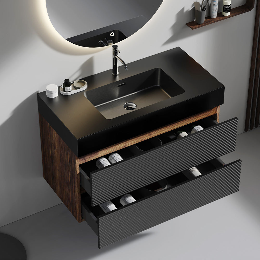 THE FURNITURE CO. Vanity Default Walnut Bathroom Vanity With Matt Black Sink Soft Black Drawers Wall Mounted Floating Design In Black And Walnut