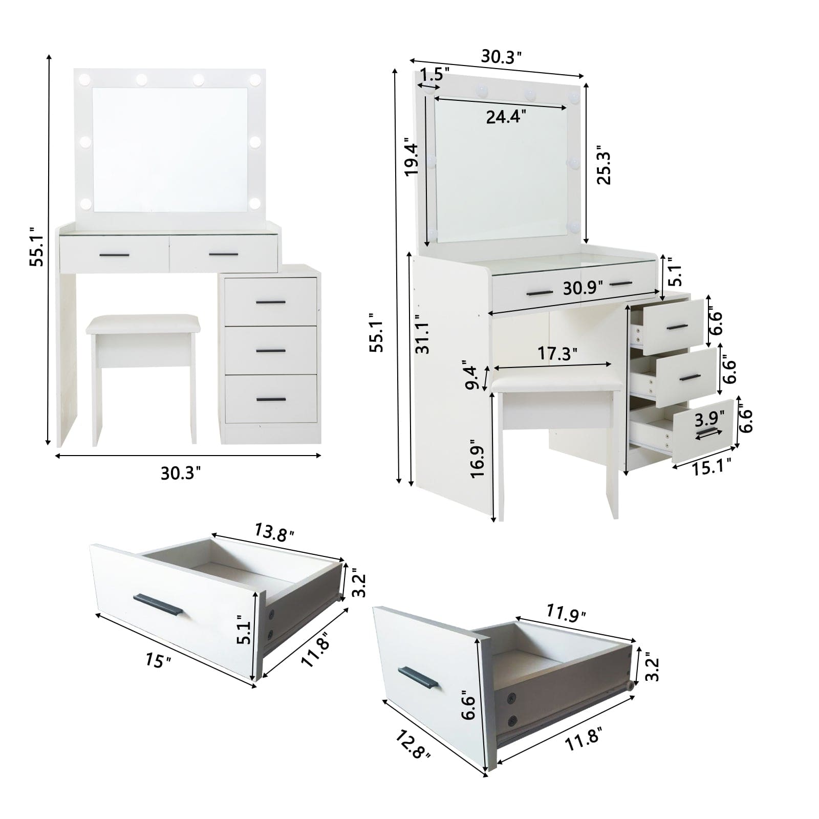 THE FURNITURE CO. Vanity Default White Color Adjustable Dressing Table With 4 Drawers In Matte White