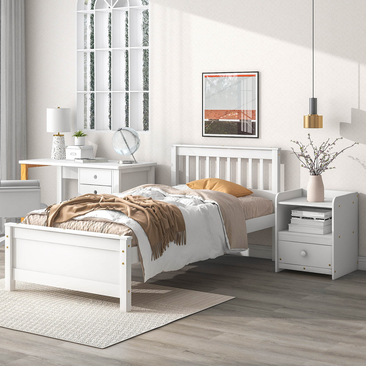 White Twin Bed with Headboard, Footboard, and Nightstand