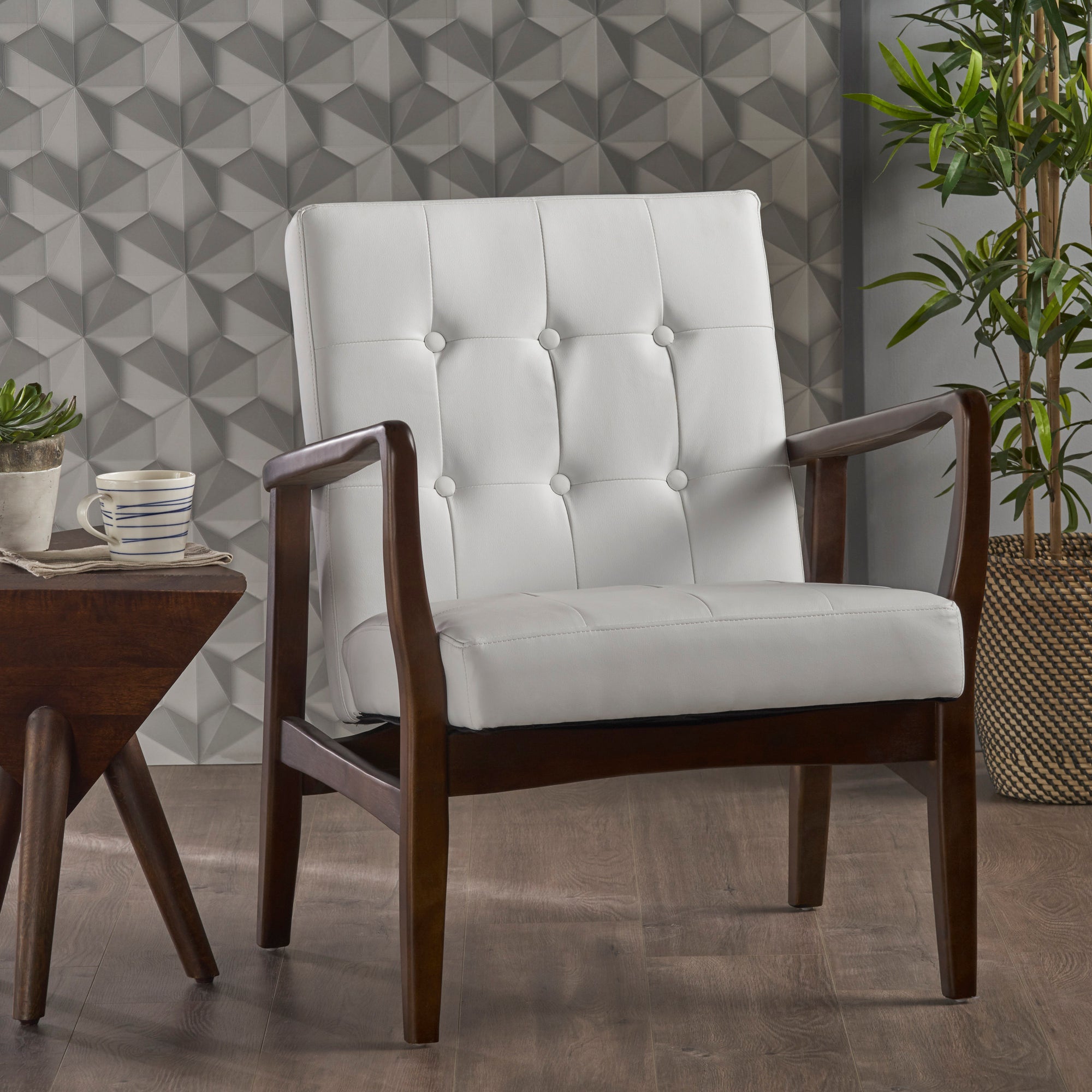 Mid Century Modern Faux Leather Club Chair, Wood Frame, White & Dark Espresso, Comfortable Accent Chair for Living Room