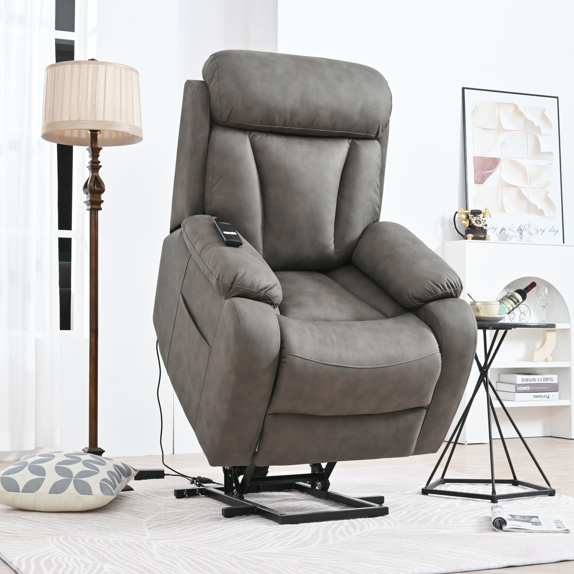 Dark Gray Power Lift Recliner Chair With Wood Frame