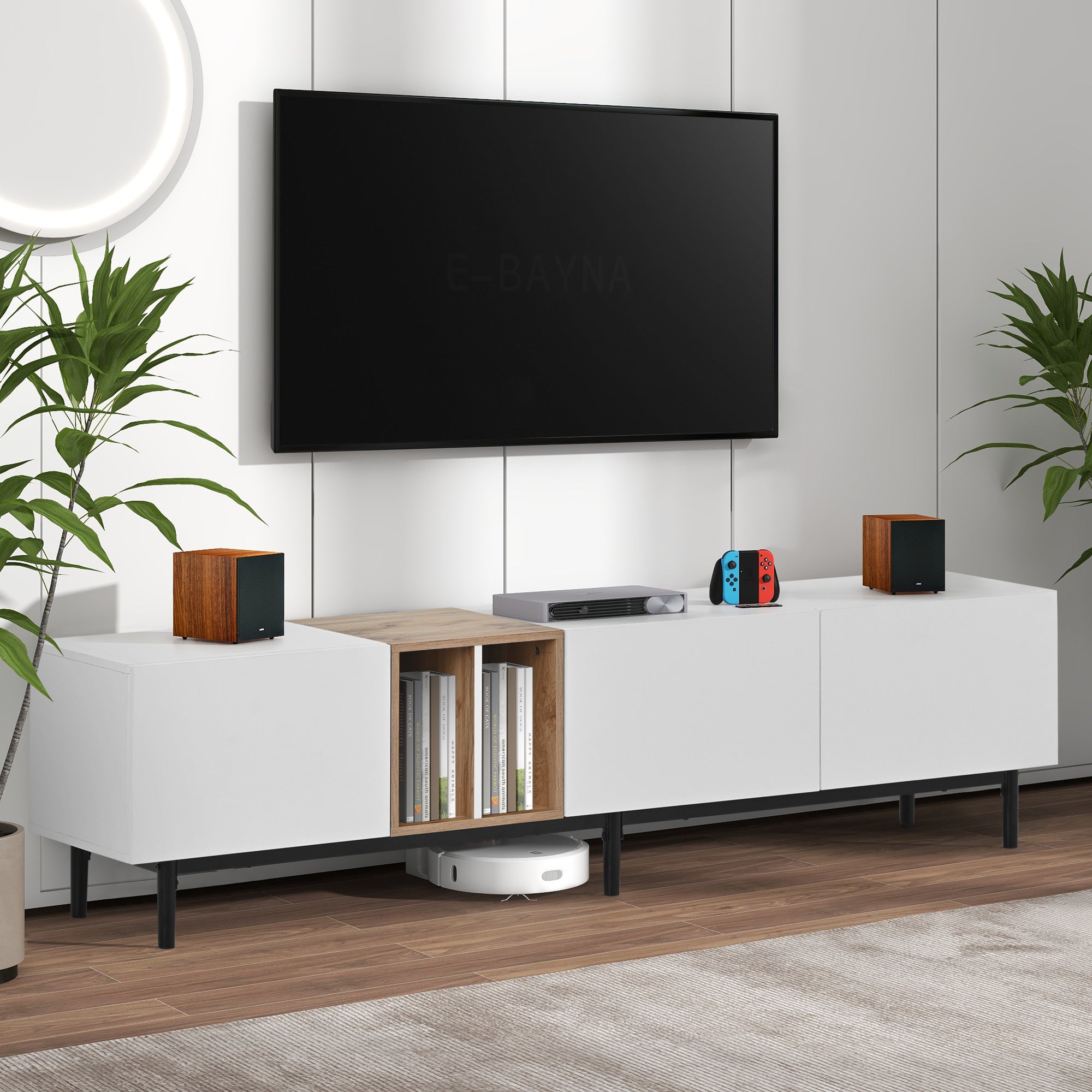 Modern TV Stand for 80 Inch TV with 3 Doors and Large Storage Cabinet In White