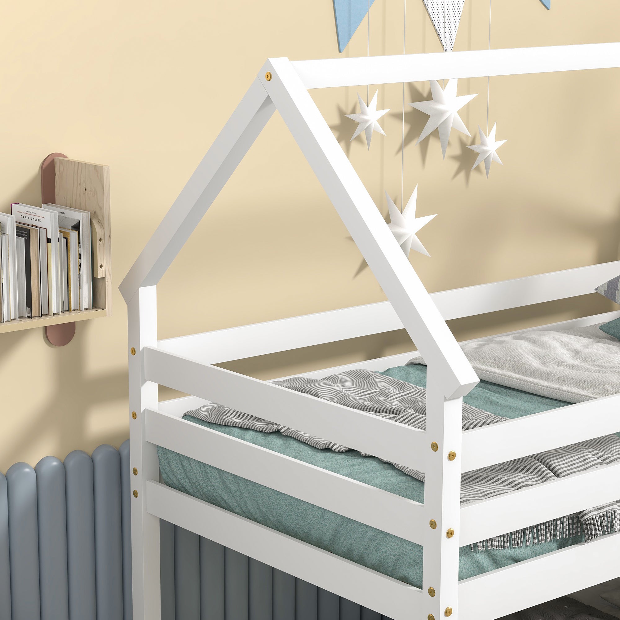 White Twin over Twin Loft Bed with Roof Design, Safety Guardrail, and Ladder