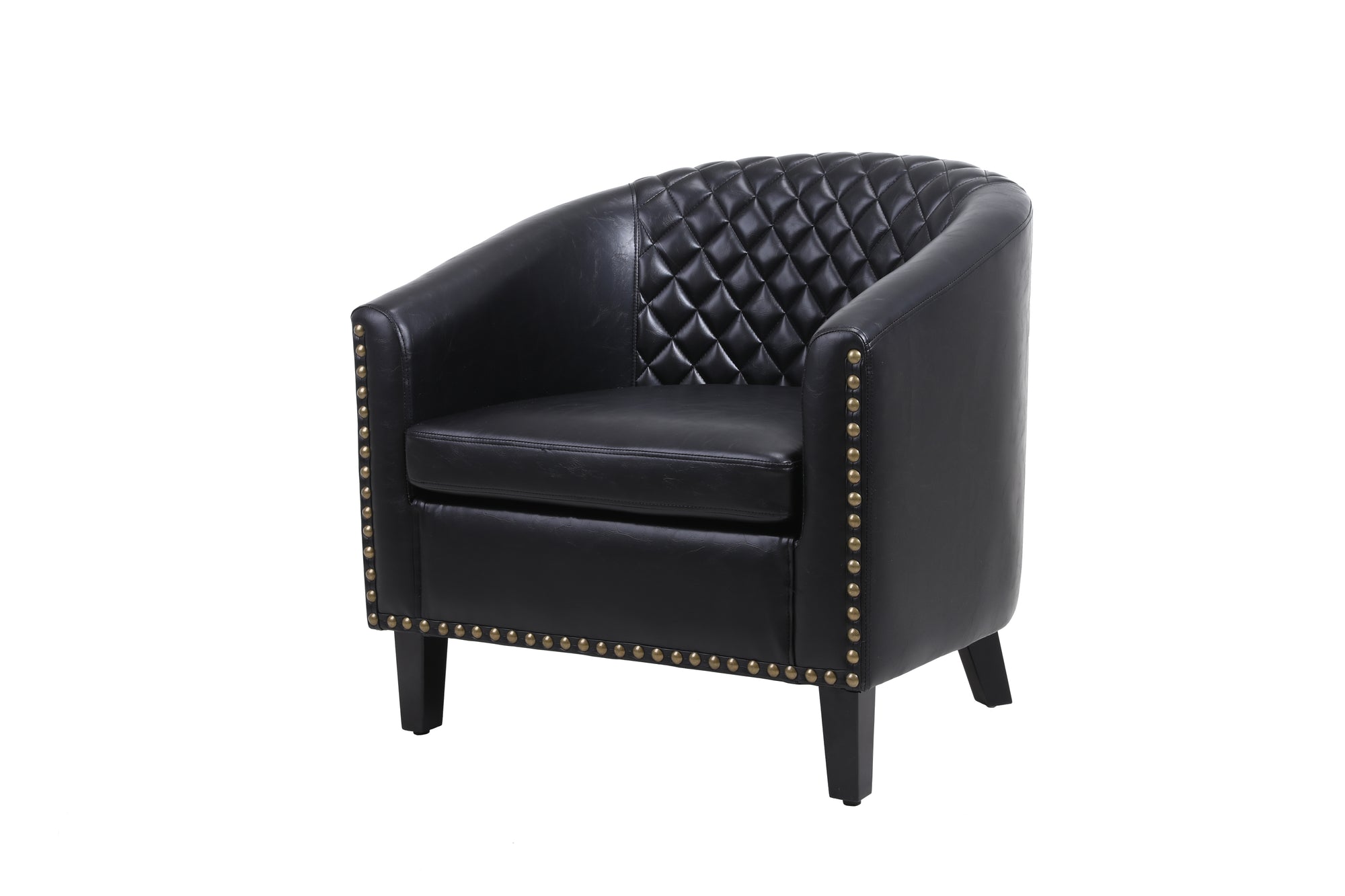 Black Leather Barrel Accent Chair With Nailheads & Solid Wood Legs