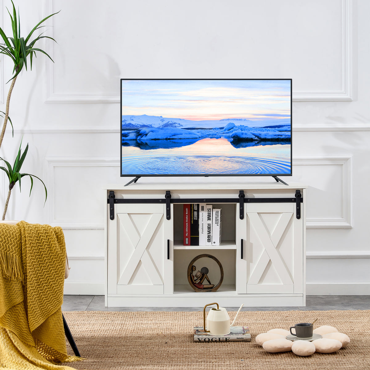 White Decorative Wooden TV Storage Cabinet With Two Sliding Barn Doors In White