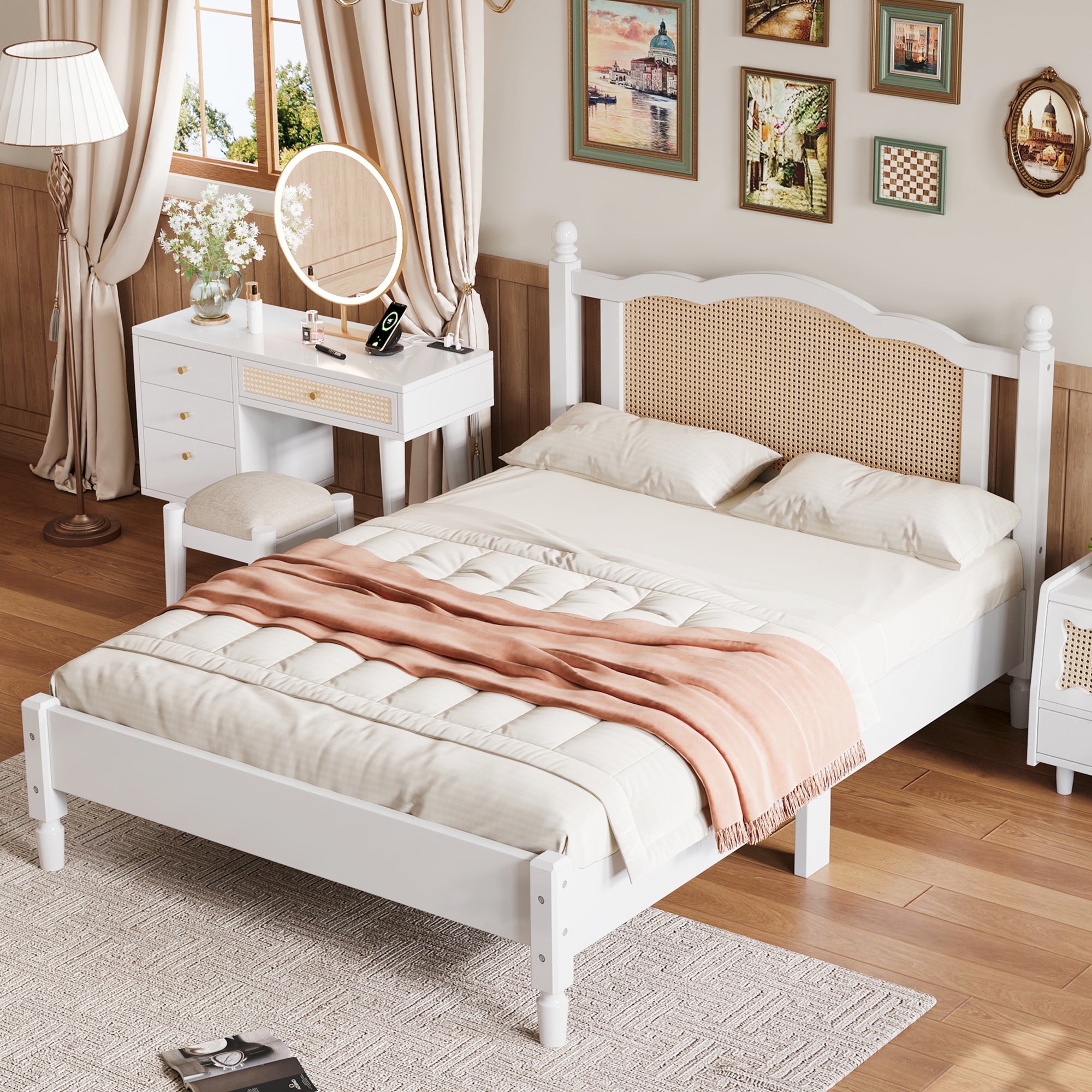 Full Size Wooden Platform Bed with Natural Rattan Headboard Vintage Design with Wooden Slat Support In White