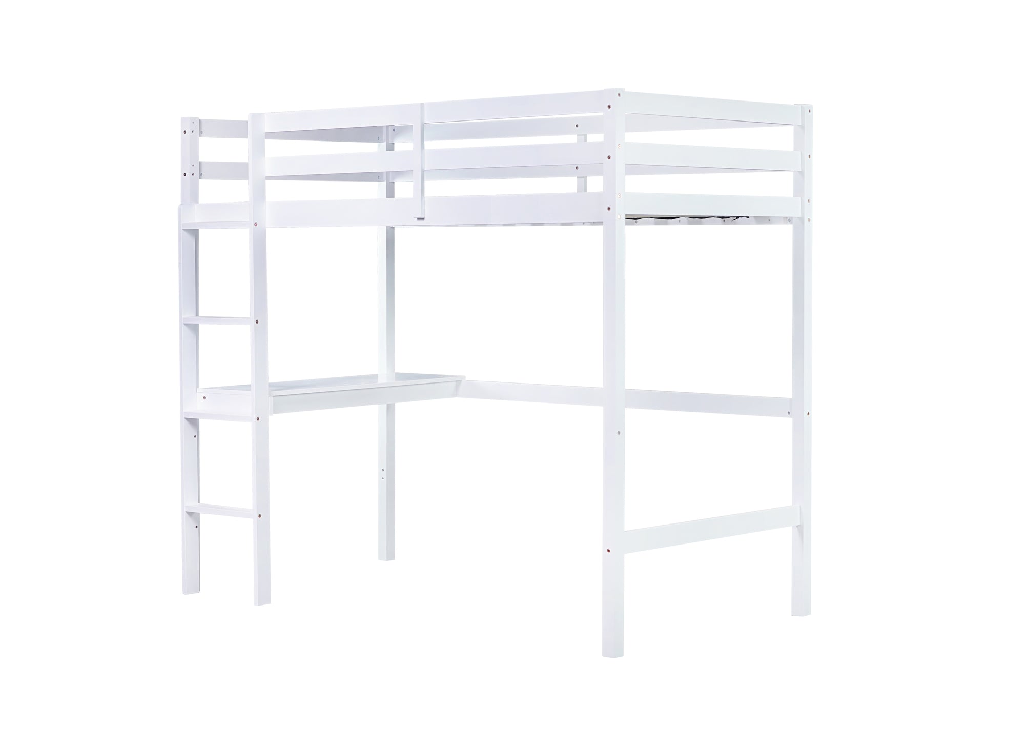 White Twin High Loft Bed For Kids with Built-in Desk in Rubber Wood Construction