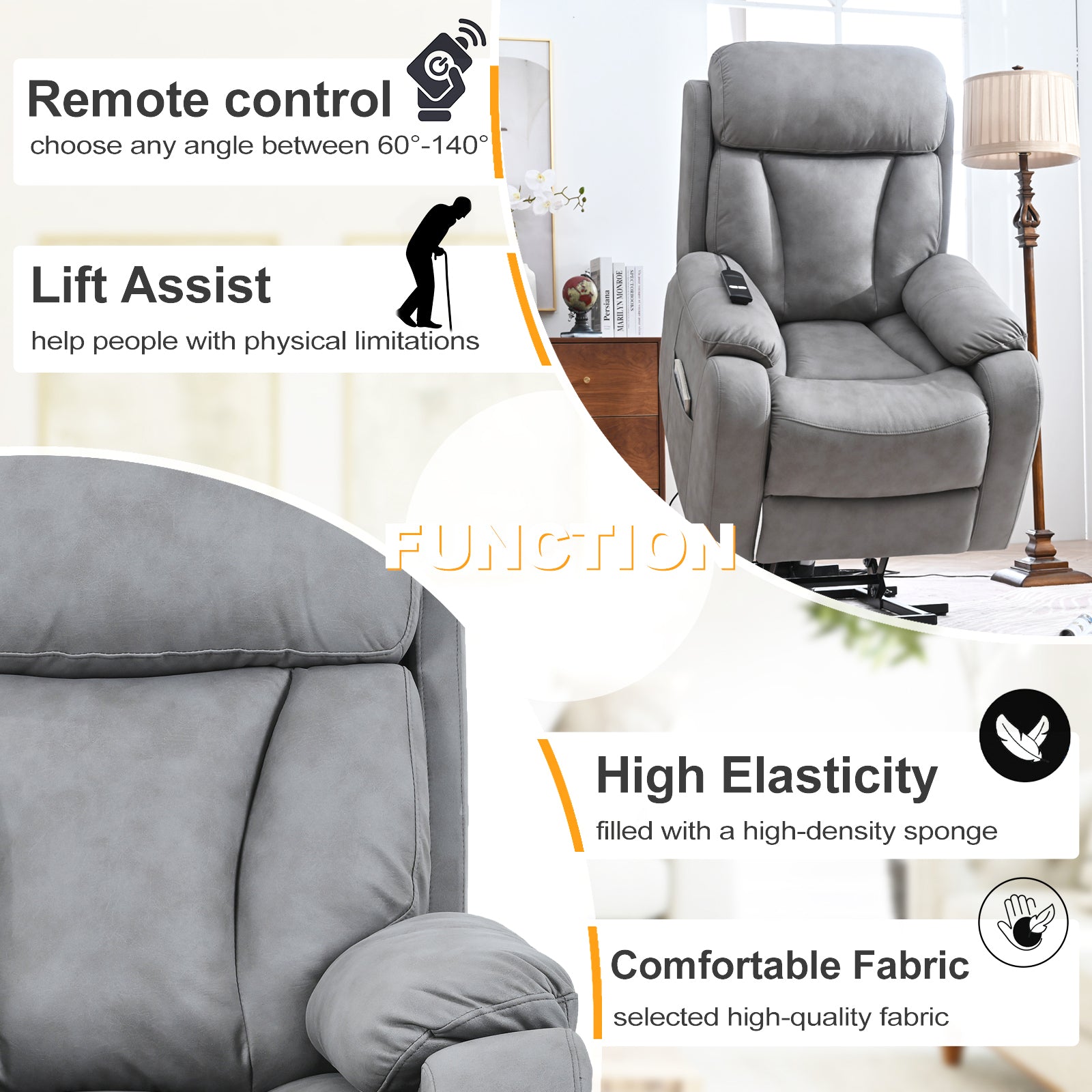 Electric Power Lift Recliner Chair for Seniors - Light Gray Fabric, Remote Control, Side Pocket, Ideal for Elderly Comfort