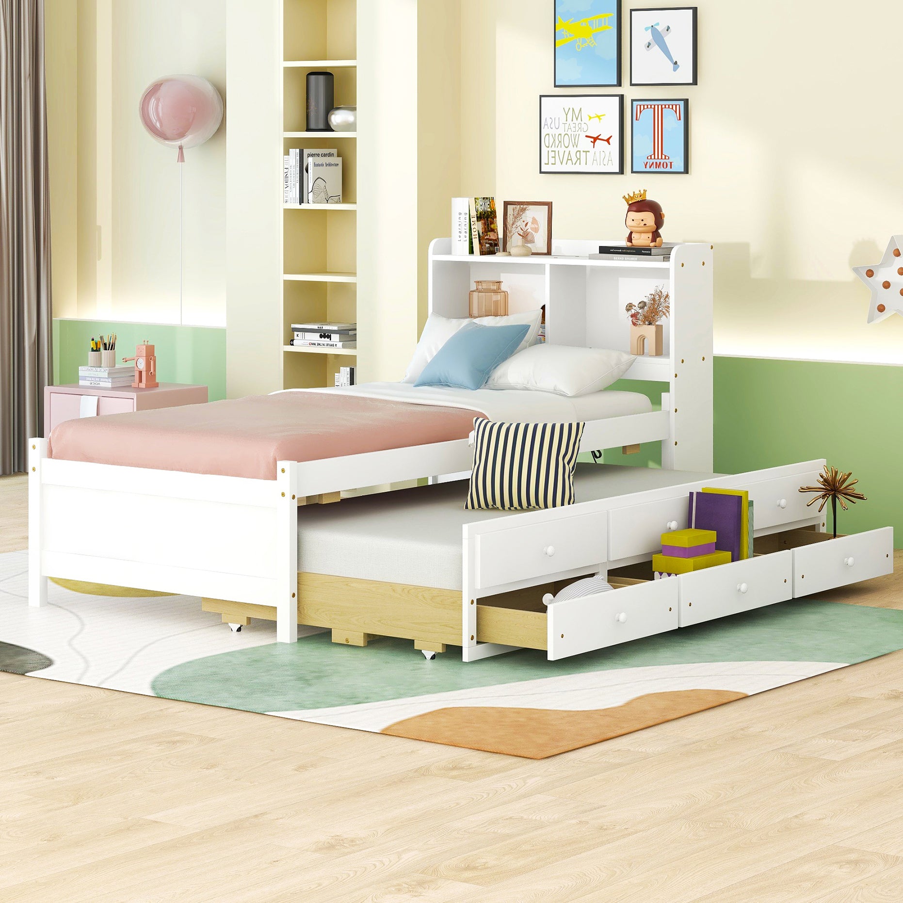 Twin Bed with USB & Type-C Ports, LED Lights, Bookcase Headboard, Trundle & 3 Drawers In White