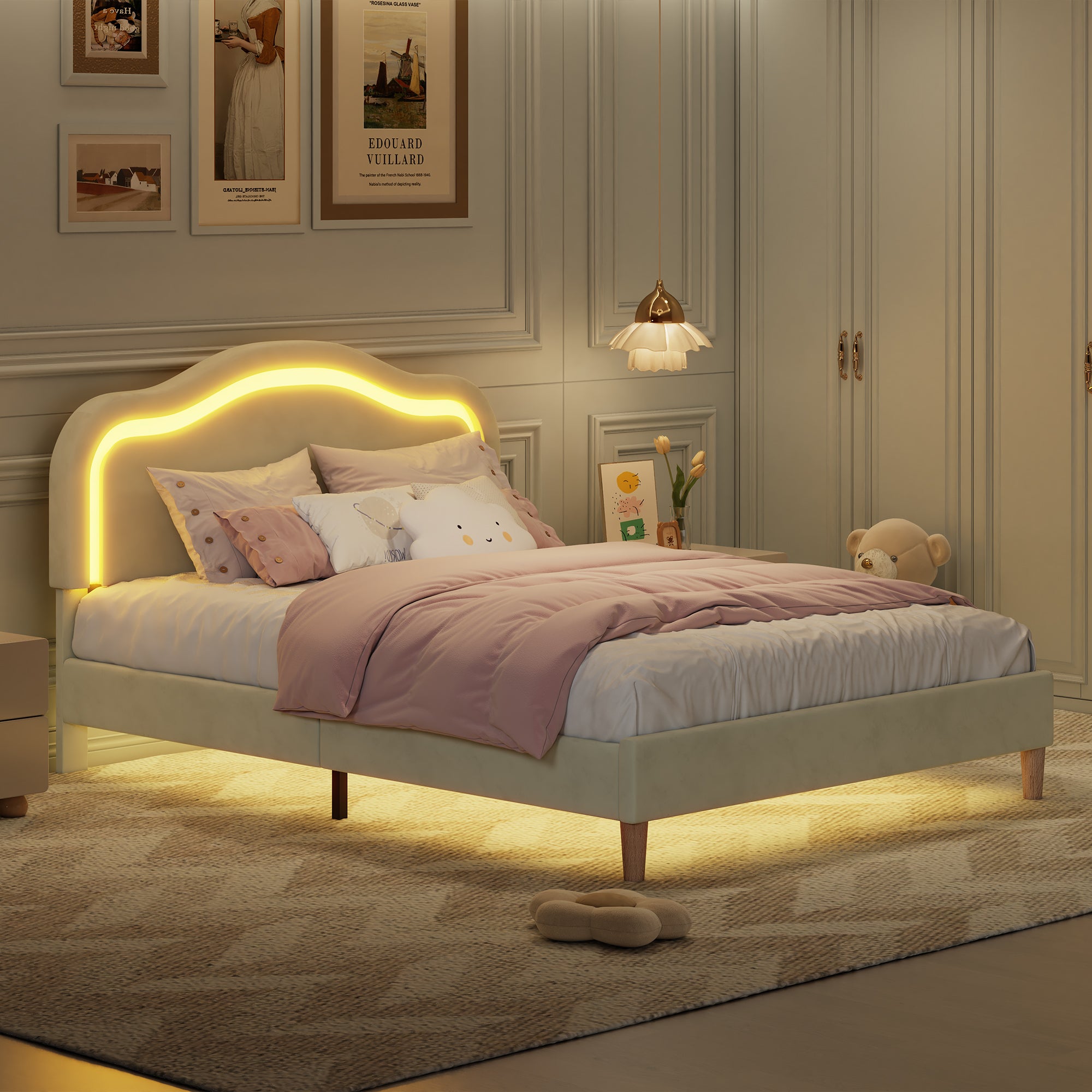 Twin Bed Frame with Adjustable LED Lights and Beige Velvet Upholstery