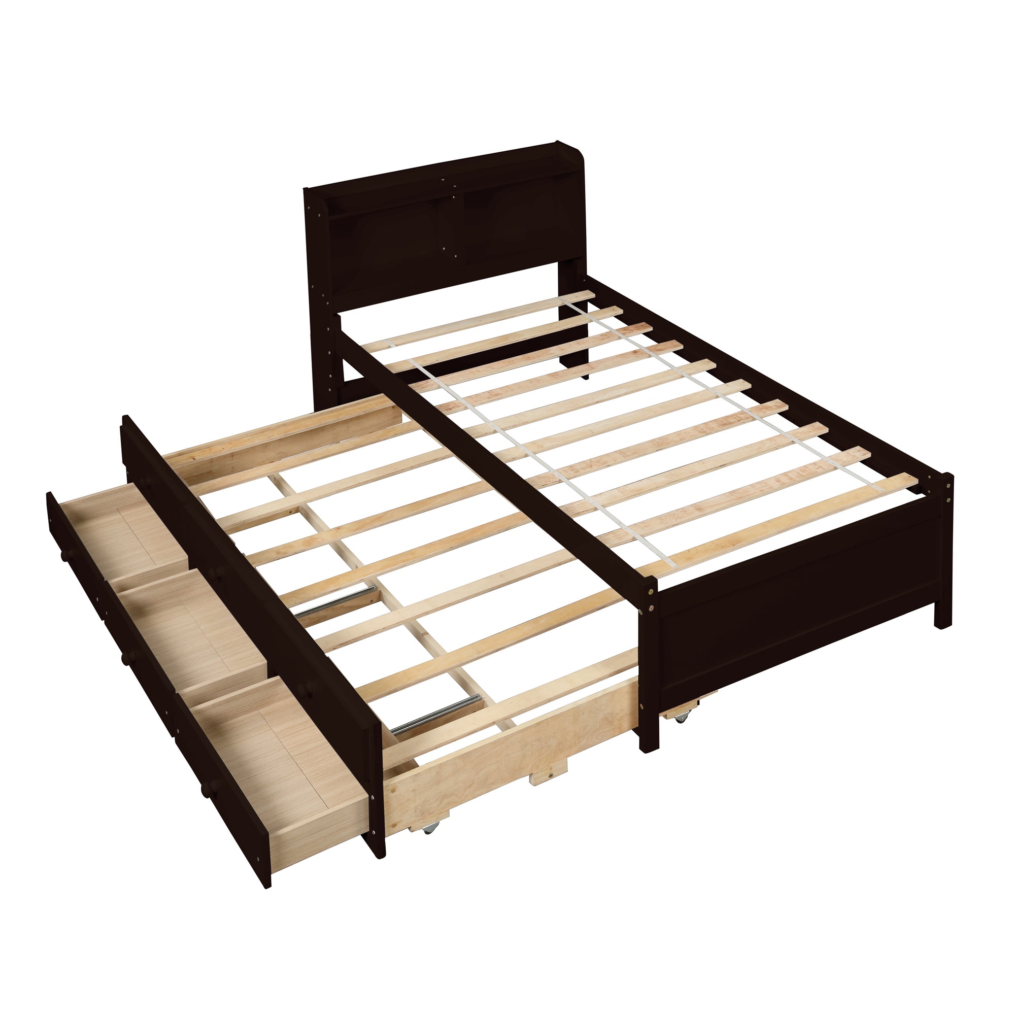 Twin Size Bed with Storage Integrated Headboard, Trundle & Drawers in Espresso