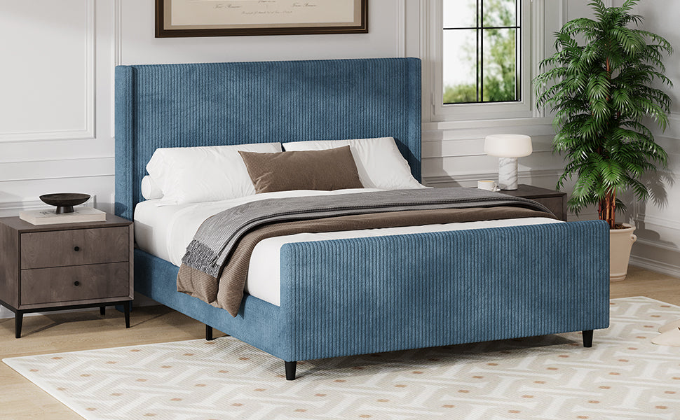 Modern Queen Size Corduroy Upholstered Platform Bed Frame With High Headboard