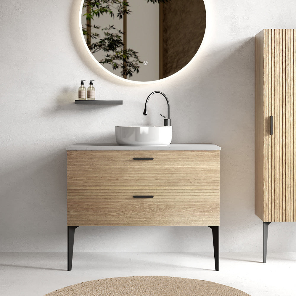 Striped Natural Oak Bathroom Vanity with Ceramic Sink Freestanding Design for Modern Bathroom In Natural Oak