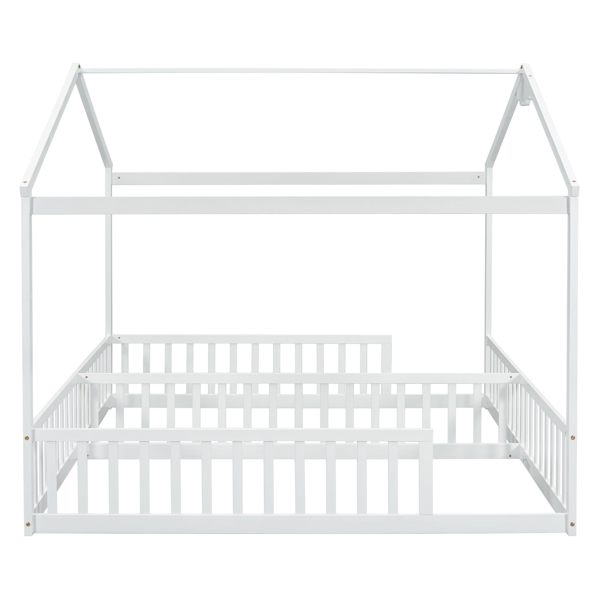 White Double Twin House-Style Toddler Floor Bed with Fence & Guardrails