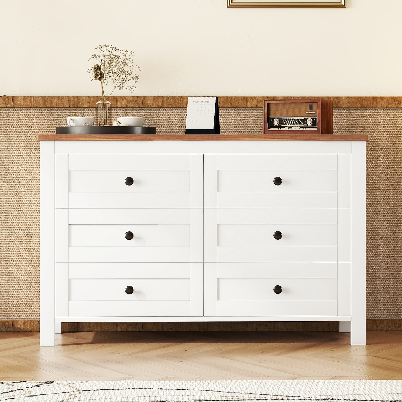 Nøordka Light Dresser Default 53" White & Brown Retro Farmhouse Style Wooden 6 Drawer Dresser