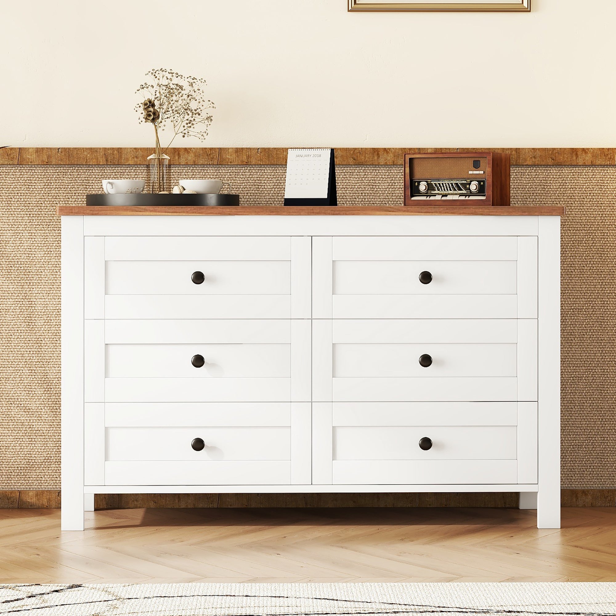 Retro Farmhouse Style Wooden Dresser with 6 Drawers for Ample Storage In White and Brown