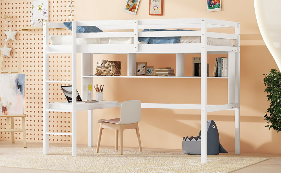 Twin Size Loft Bed For Kids with Desk, Shelves, Safety Guardrail & Ladder