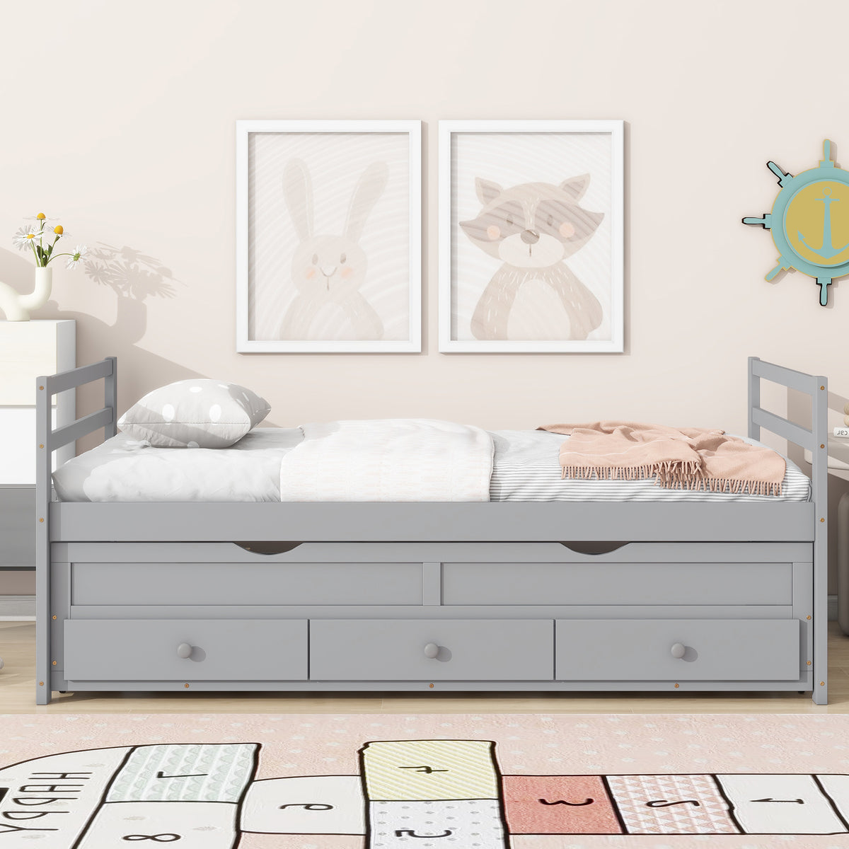 Gray Twin Size Bed with Headboard, Footboard, Trundle, and Three Storage Drawers