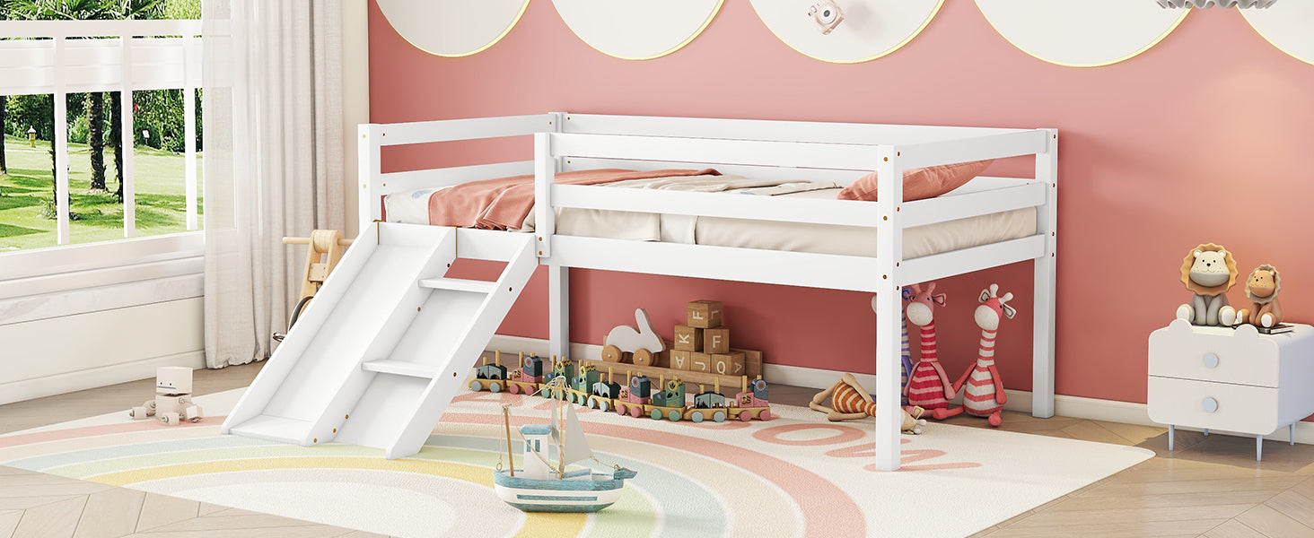 Twin Size Low Loft Bed with Slide, Ladder & Safety Guardrails in White