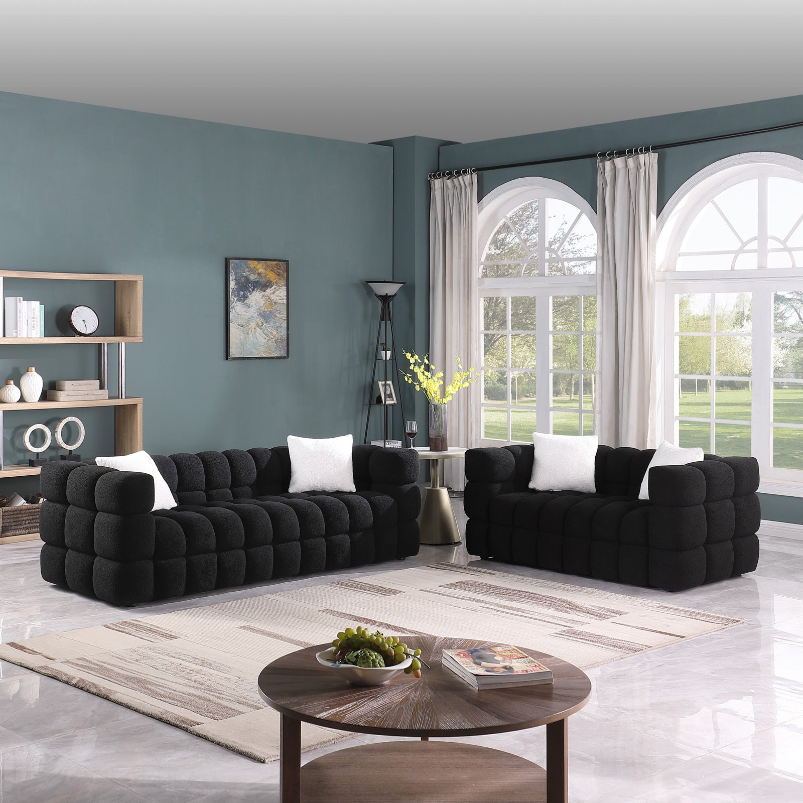 Black Boucle 5-Seater Marshmallow Loveseat Sofa