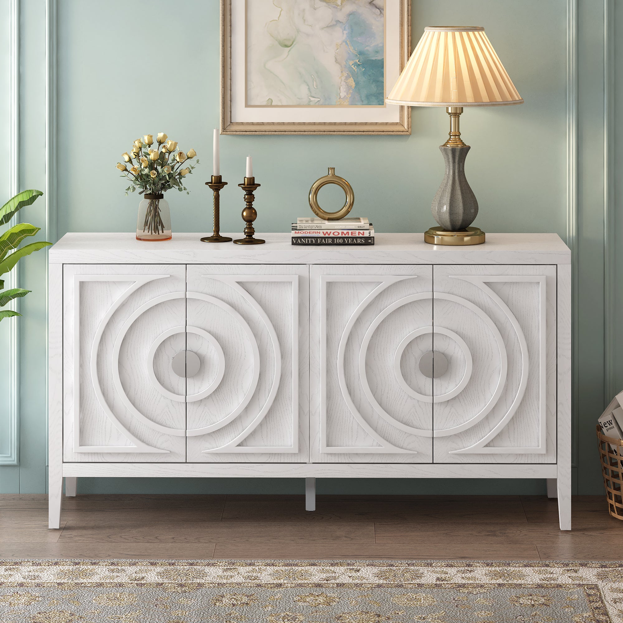 Retro Sideboard With Circular Groove Design And Round Metal Door Handle For Living Room In White