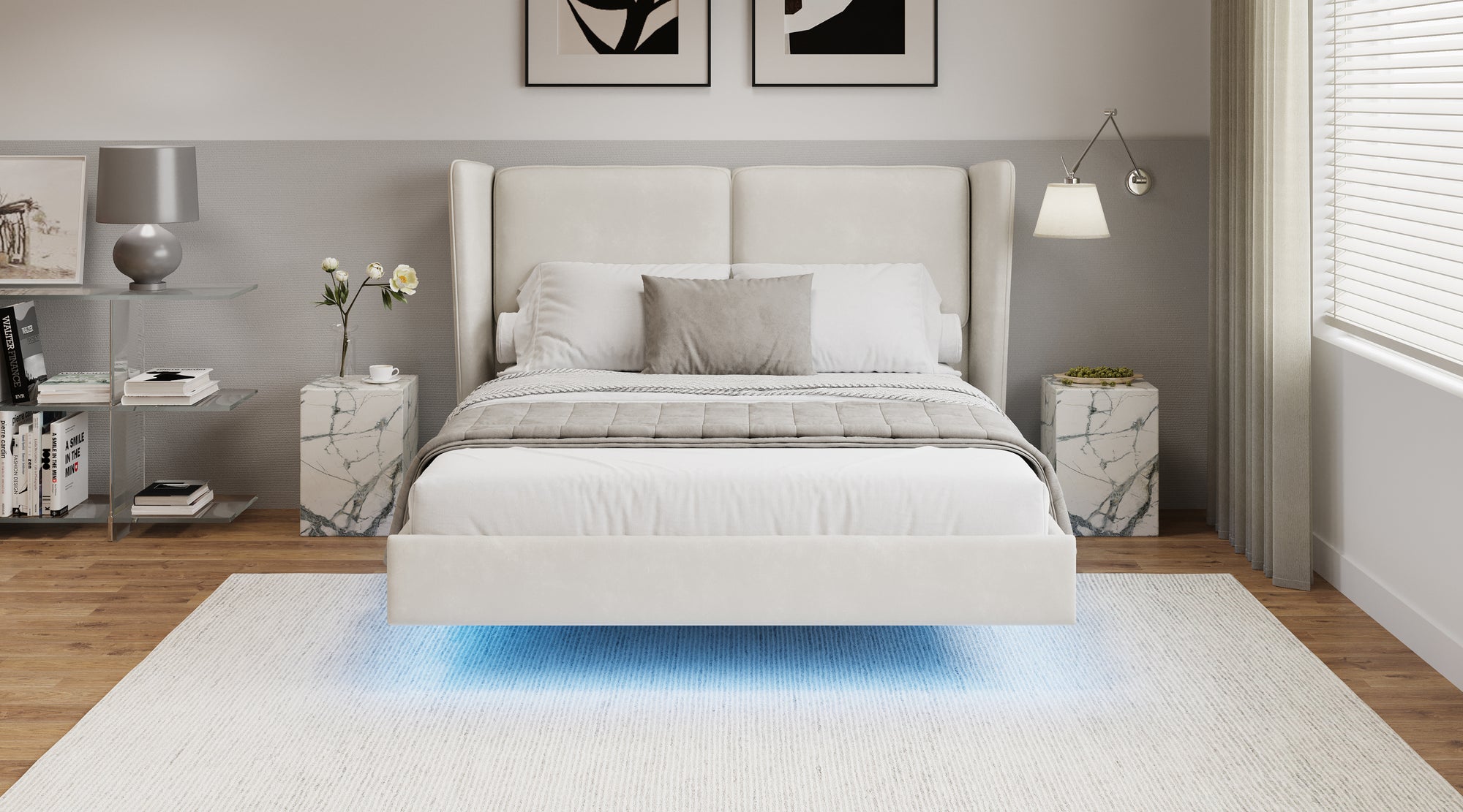 Modern Full-Size Floating Velvet Platform Bed With LED Lighting & Winged Back