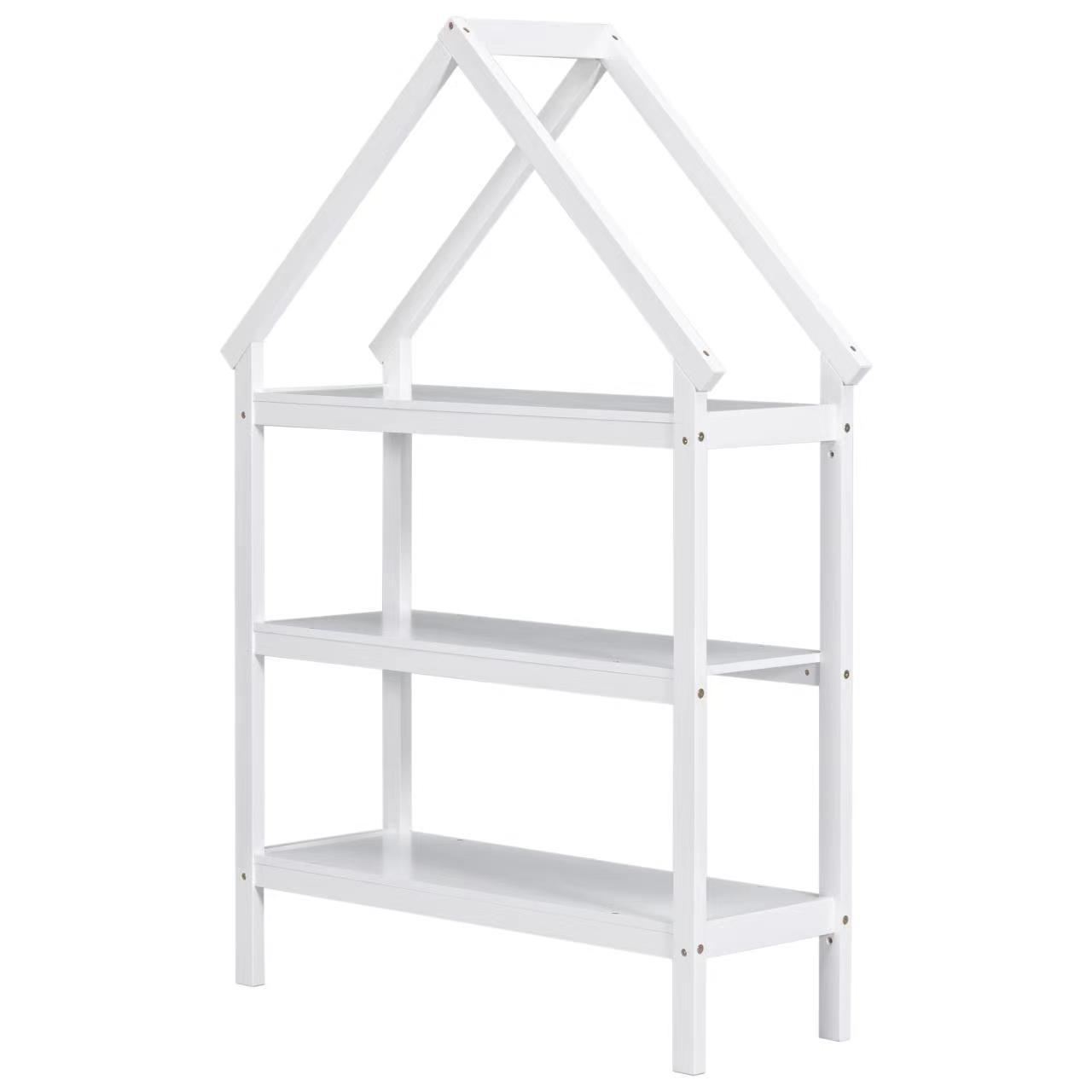 Twin Size Wood House-Shaped Floor Bed with Storage Shelf and Hanger in White