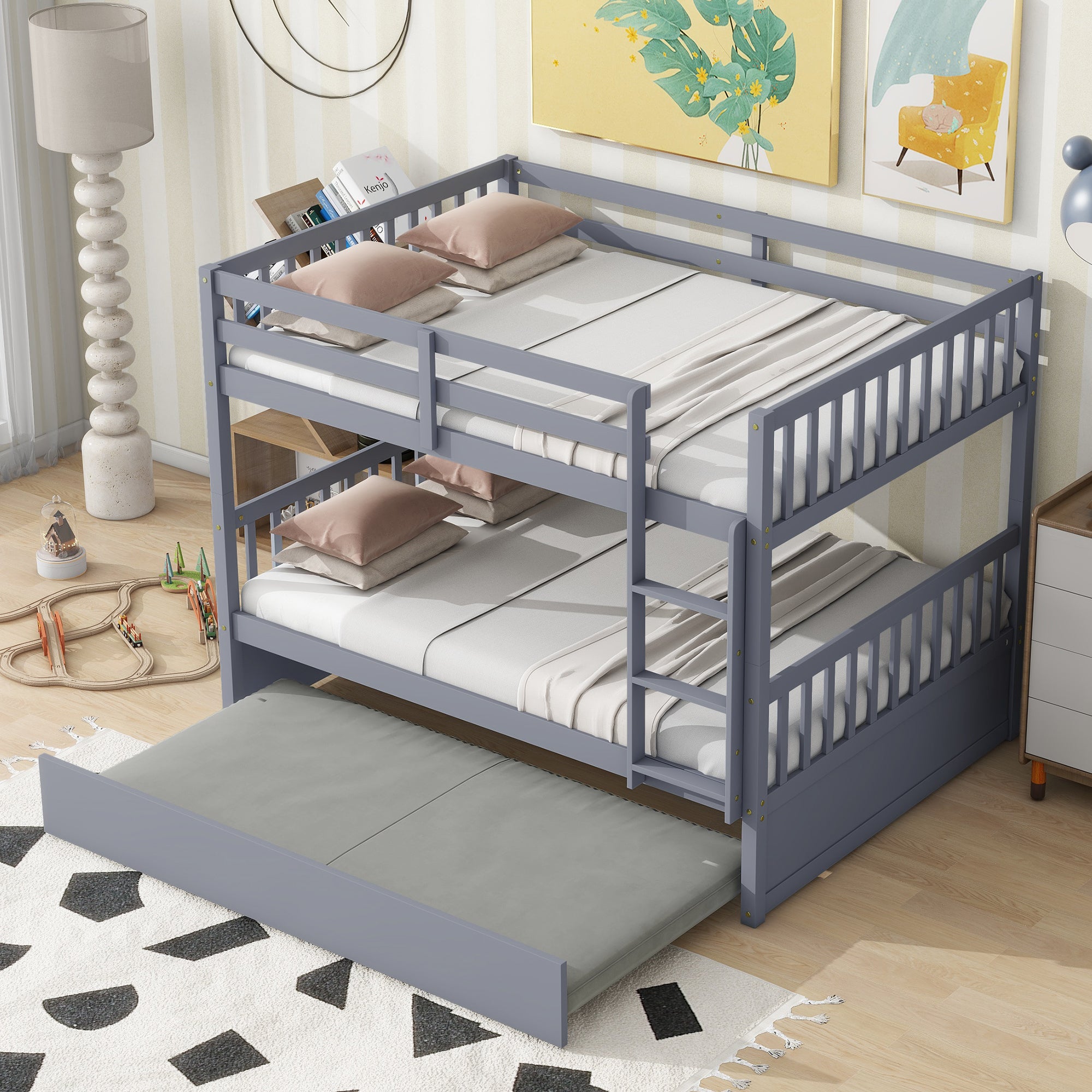 Gray Full Over Full Rubber Wood Bunk Bed with Trundle, Ladder, and Guardrails