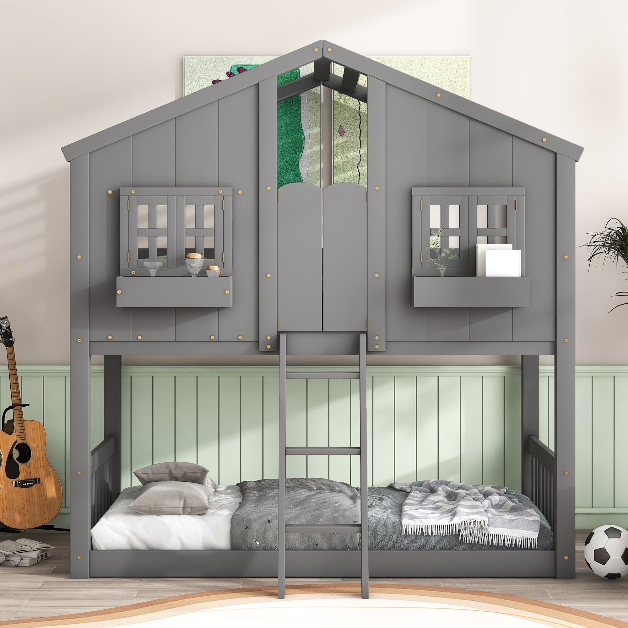 Gray Twin Over Twin House Bunk Bed with Roof, Windows, and Door