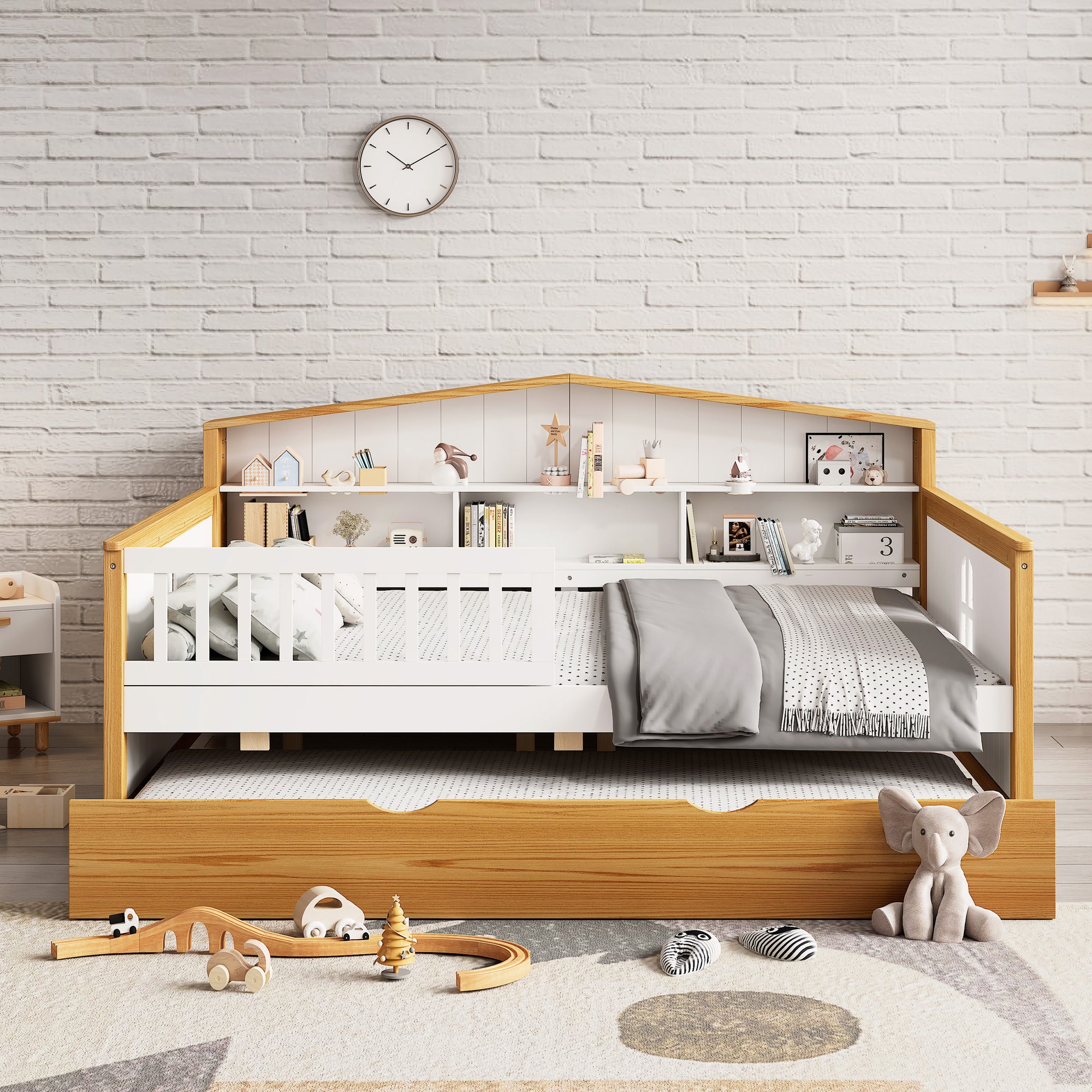 Full Size Safety Bed Frame with Trundle and Integrated Bookcase Headboard