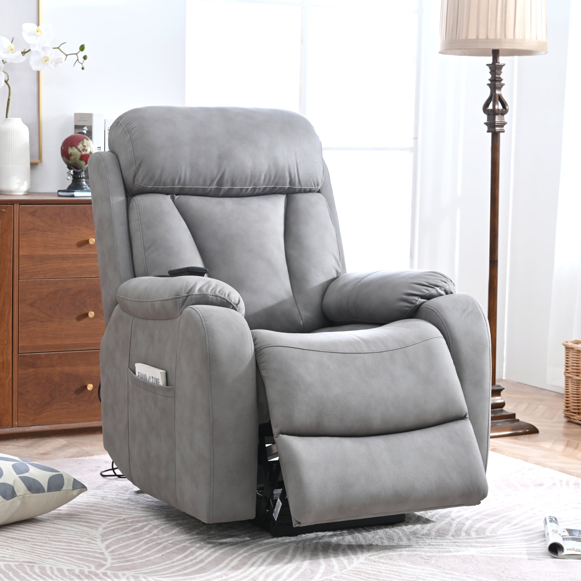 Electric Power Lift Recliner Chair for Seniors - Light Gray Fabric, Remote Control, Side Pocket, Ideal for Elderly Comfort