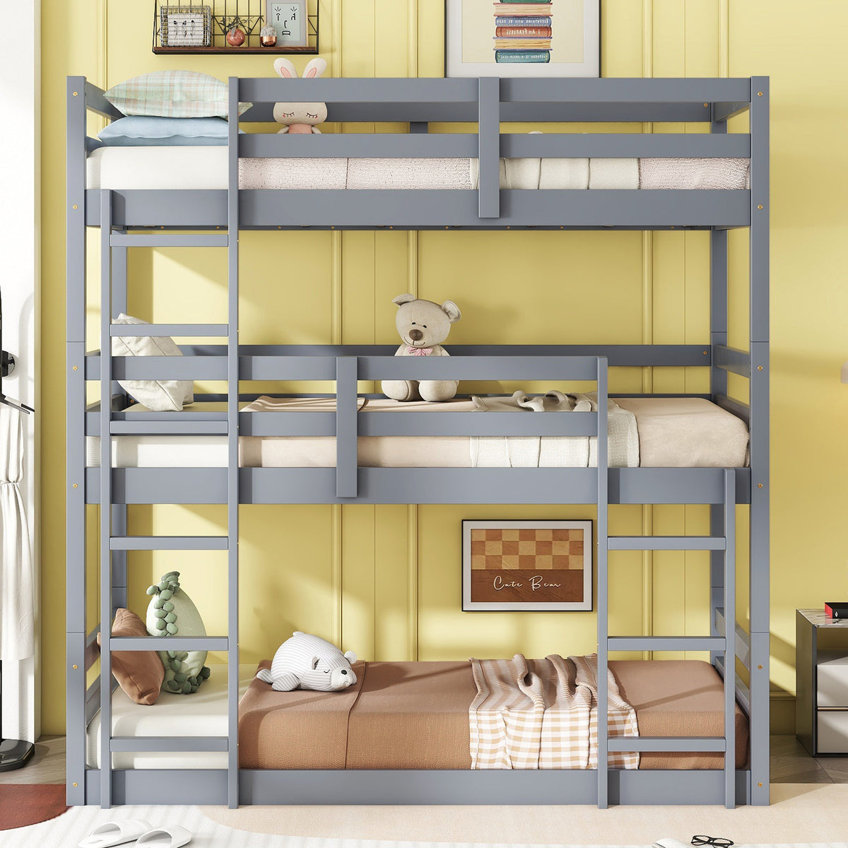 Gray Triple Rubber Wood Bunk Bed with Built-in Ladders and Guardrails