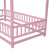 Pink Twin Size Toddler Floor Wooden Bed with House Roof Frame and Fence Guardrails