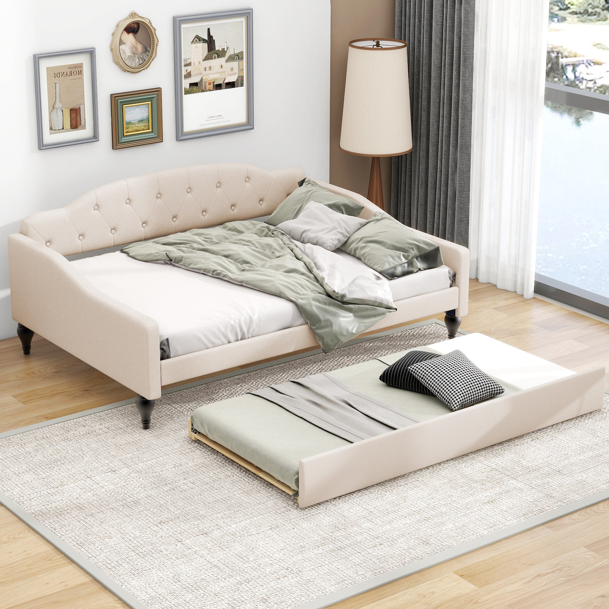 Full Size Upholstered Tufted Daybed with Twin Size Trundle In Beige