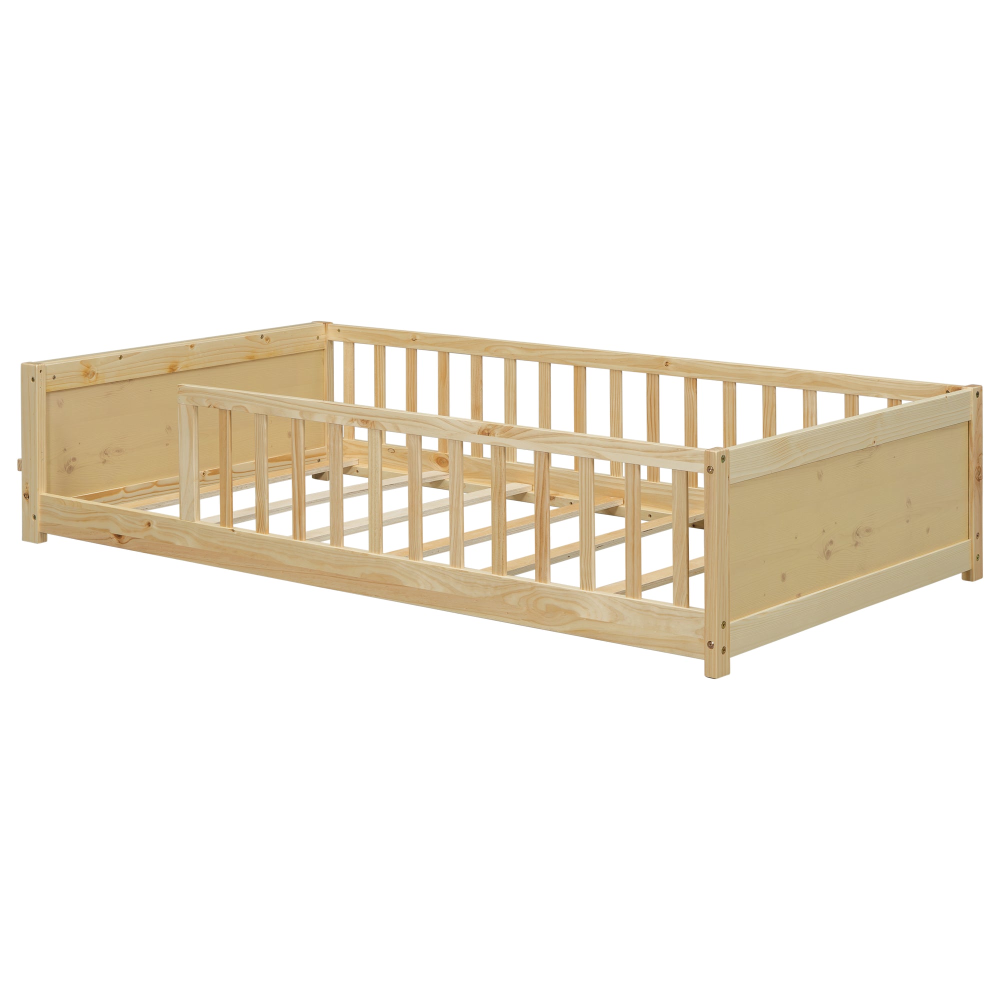 Natural Finish Twin Toddler Floor Bed with Built-in Book Storage Rack