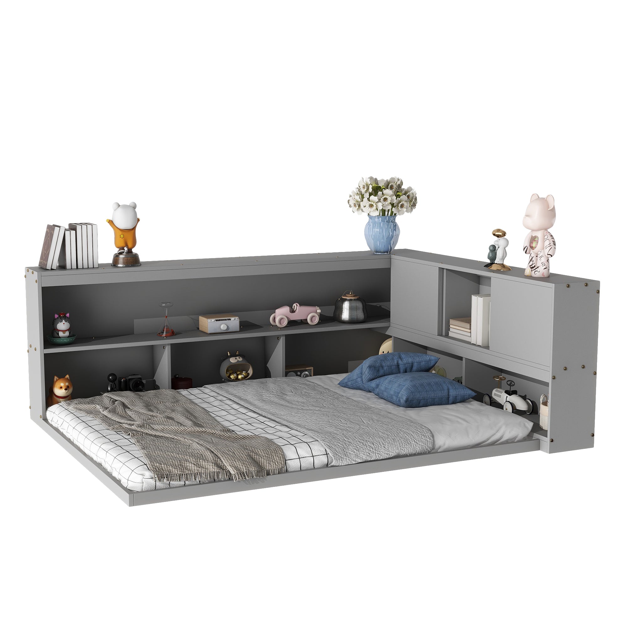 Full Floor Bed with L-Shaped Bookcases with Sliding Door Storage