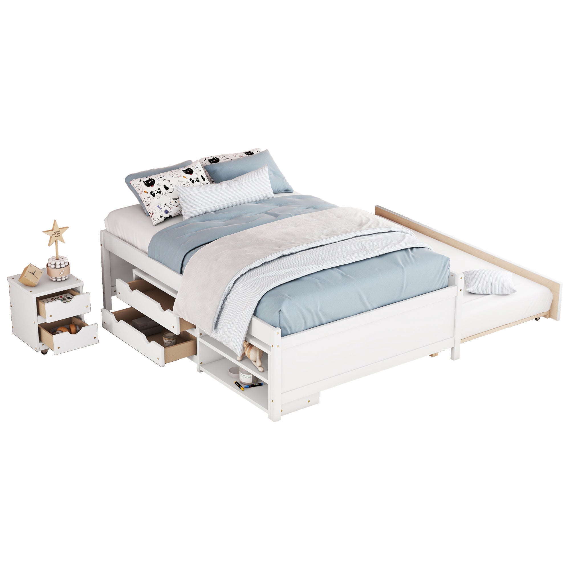 White Versatile Full Bed & Nightstand with Trundle and Underbed Storage Box