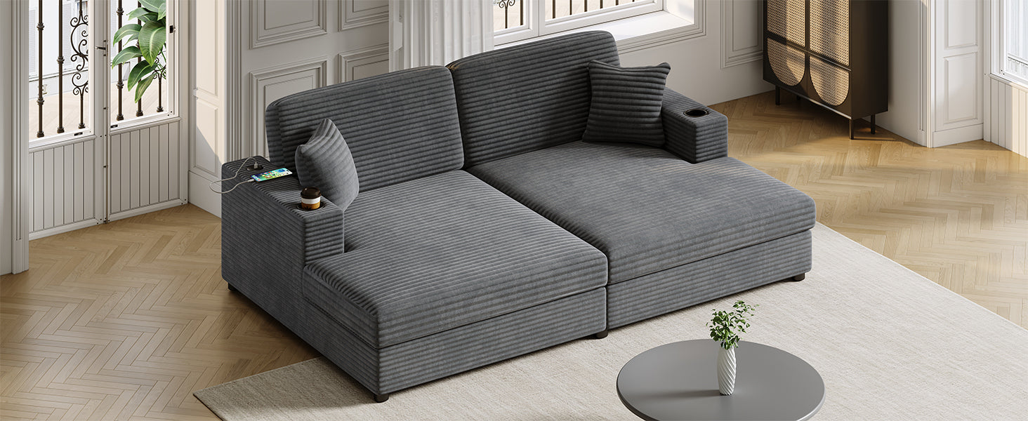 86.5" Dark Gray Corduroy Double Chaise Lounge Sofa