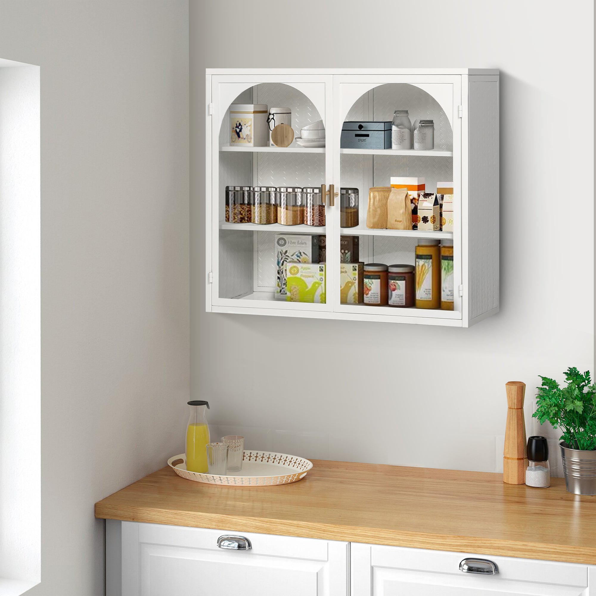 Modern Two-Door Wall Cabinet with Three-Tier Storage In White