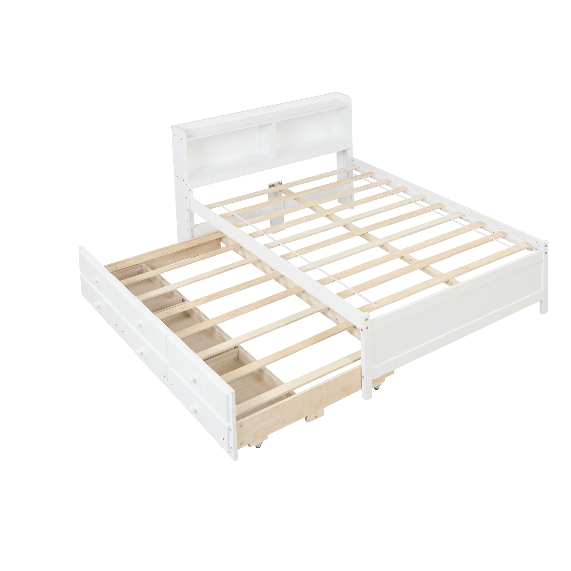 White Full Bed with Bookcase, Twin Trundle, and Drawers