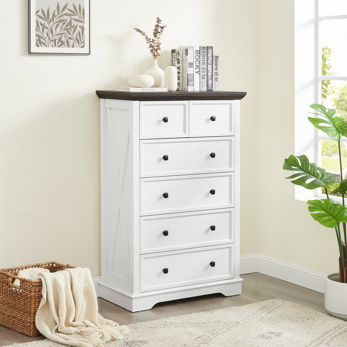 32" White 6 Drawer Chest of Drawers with Wood Grain Tabletop
