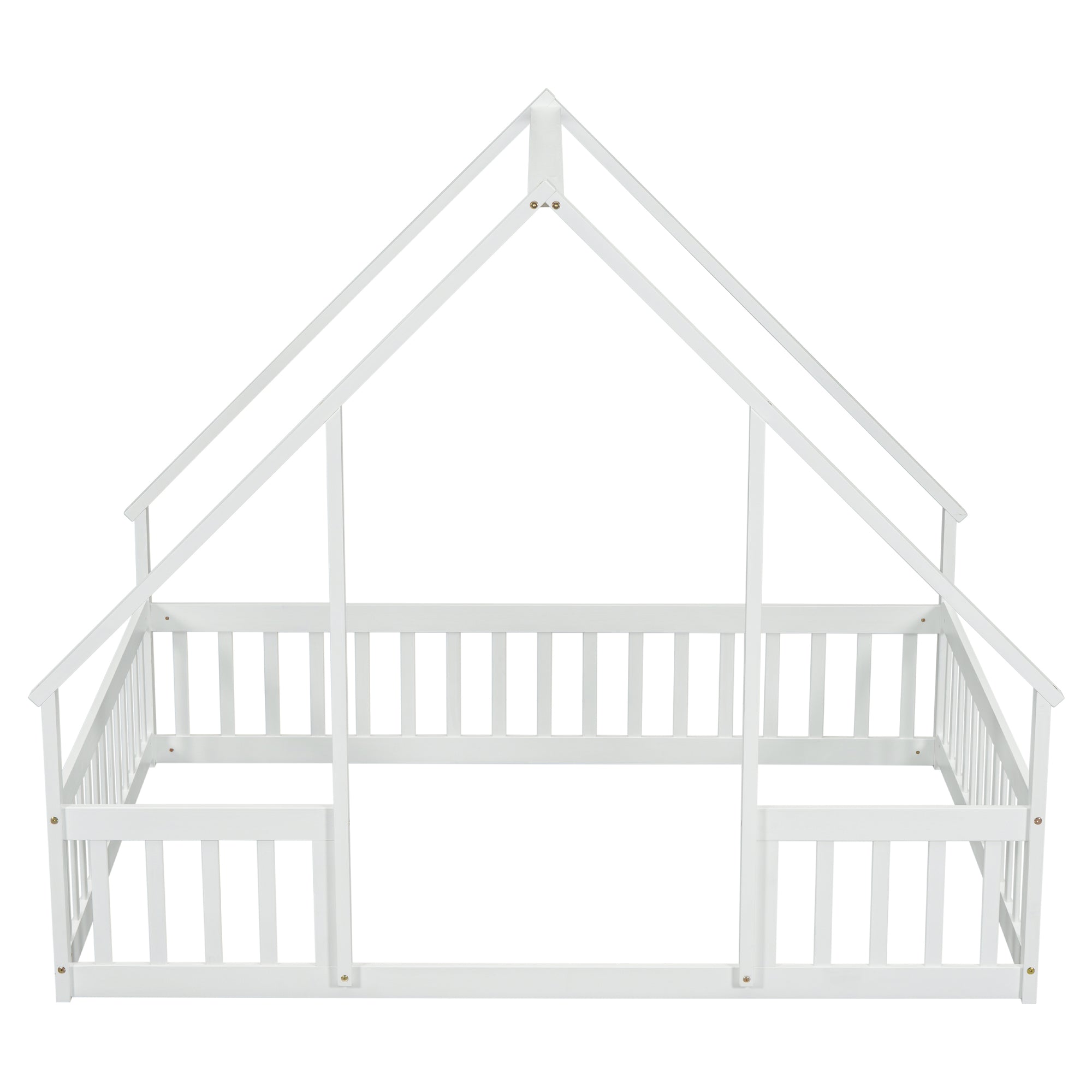 White Full Wood House-Shaped Toddler Floor Bed with Fence and Guardrails