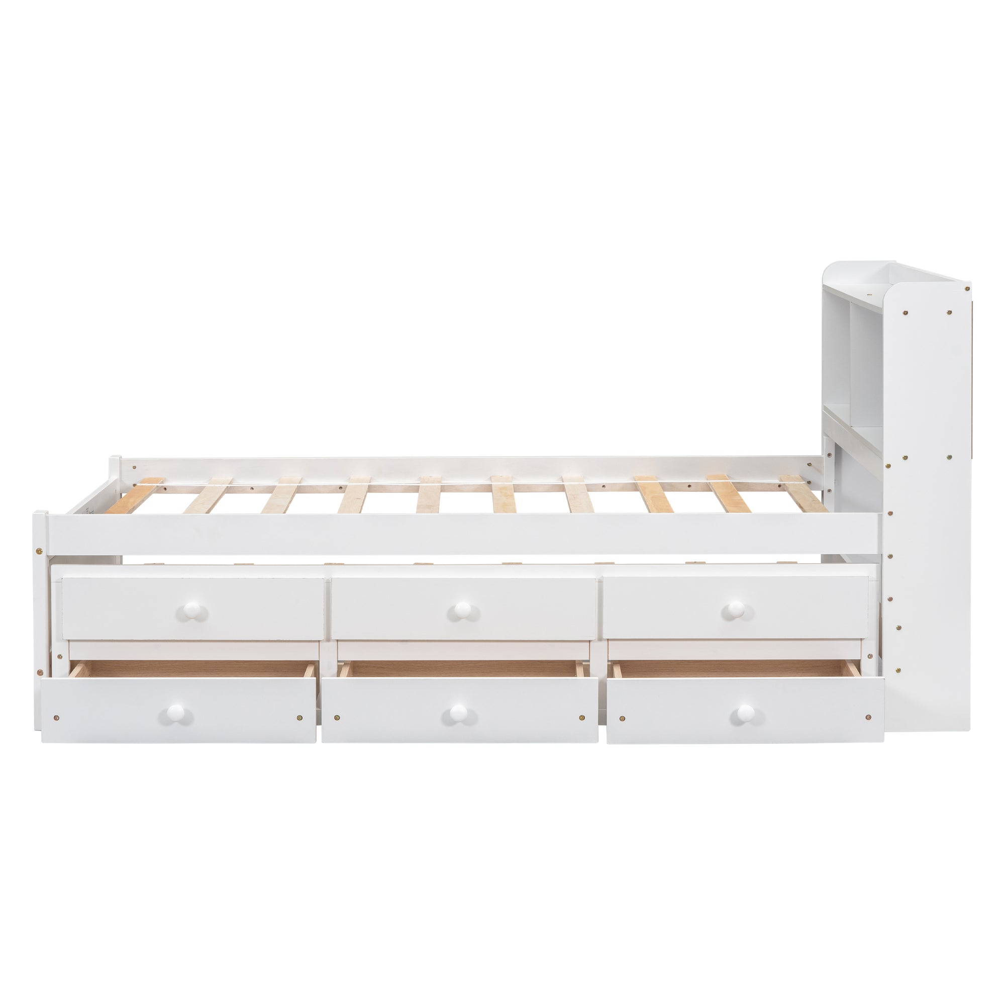 Twin Bed with USB & Type-C Ports, LED Lights, Bookcase Headboard, Trundle & 3 Drawers In White