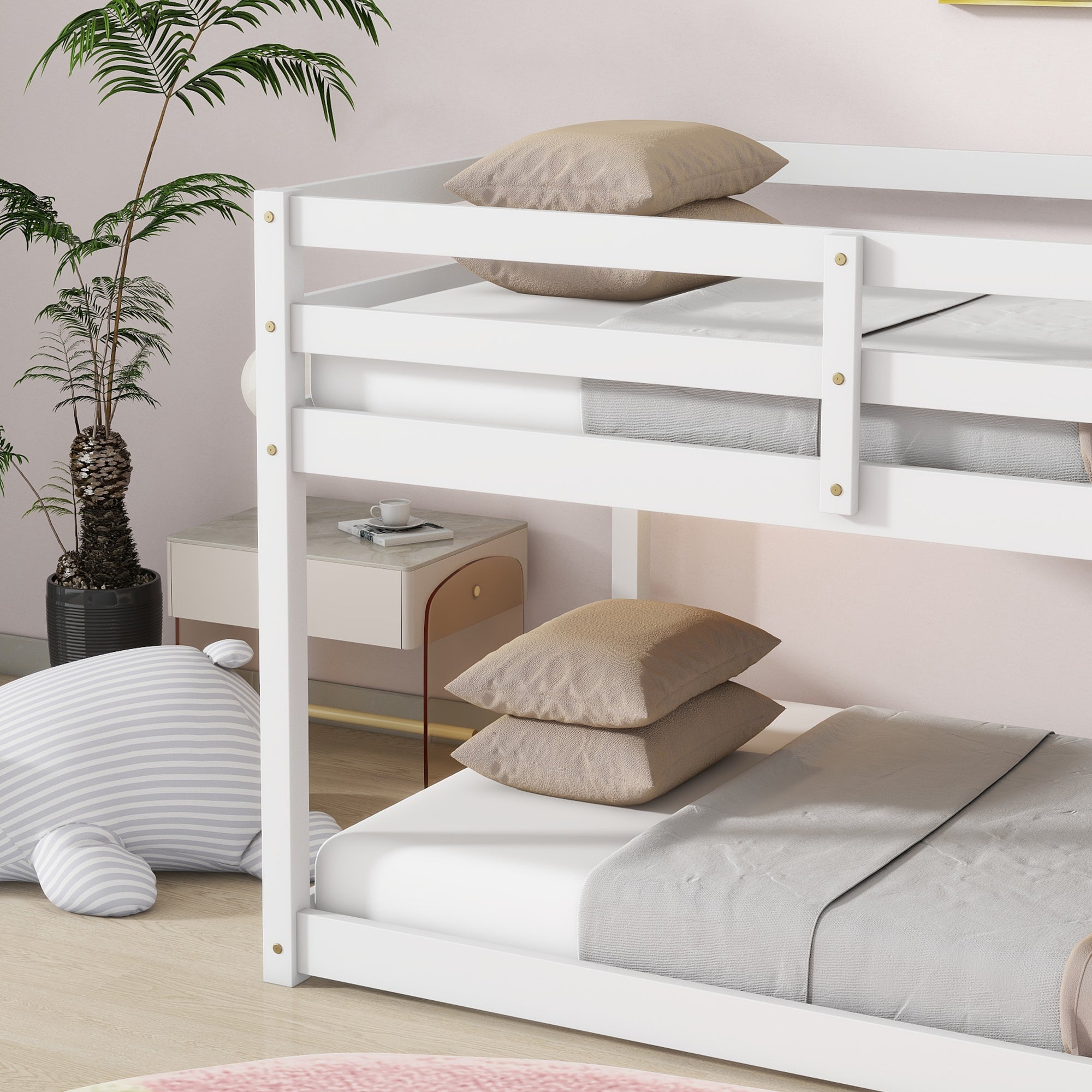 White Twin Over Twin Loft Bed with Ladder In Sturdy Rubber Wood Construction