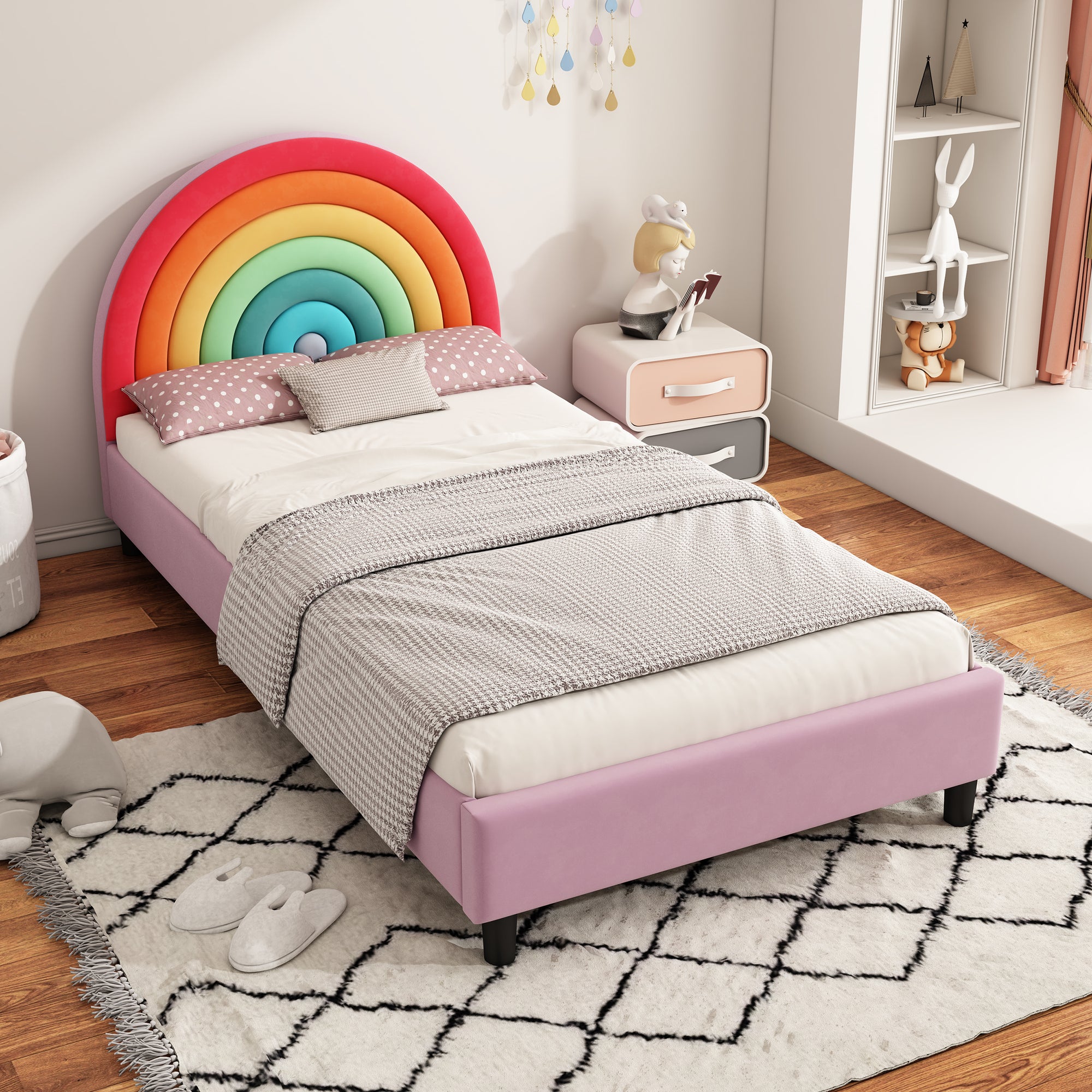 Twin Rainbow Design Velvet Upholstered Bed Frame