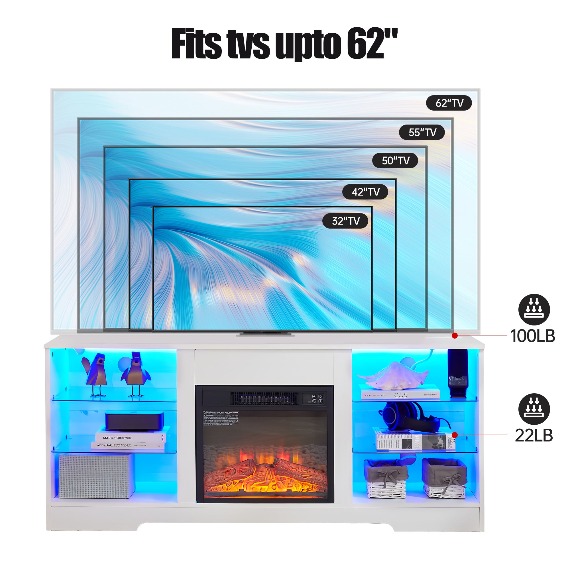 TV Stand Electric Fireplace with Glass Shelves and LED Lights for TVs up to 62 Inches In White