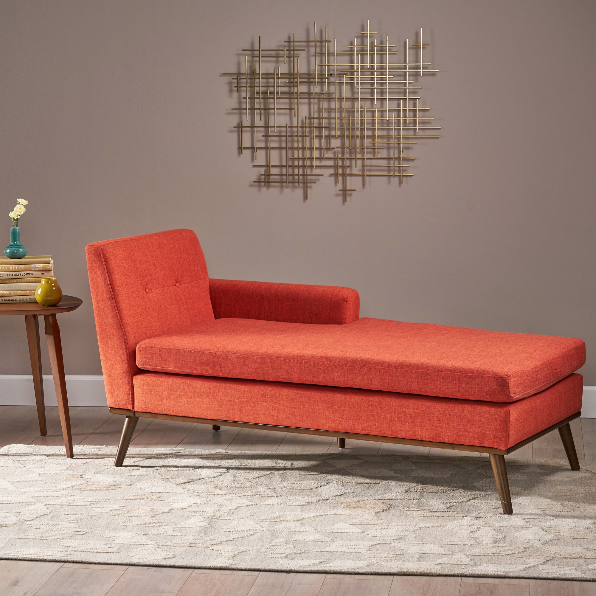 Modern Orange Chaise Lounge with Walnut Legs