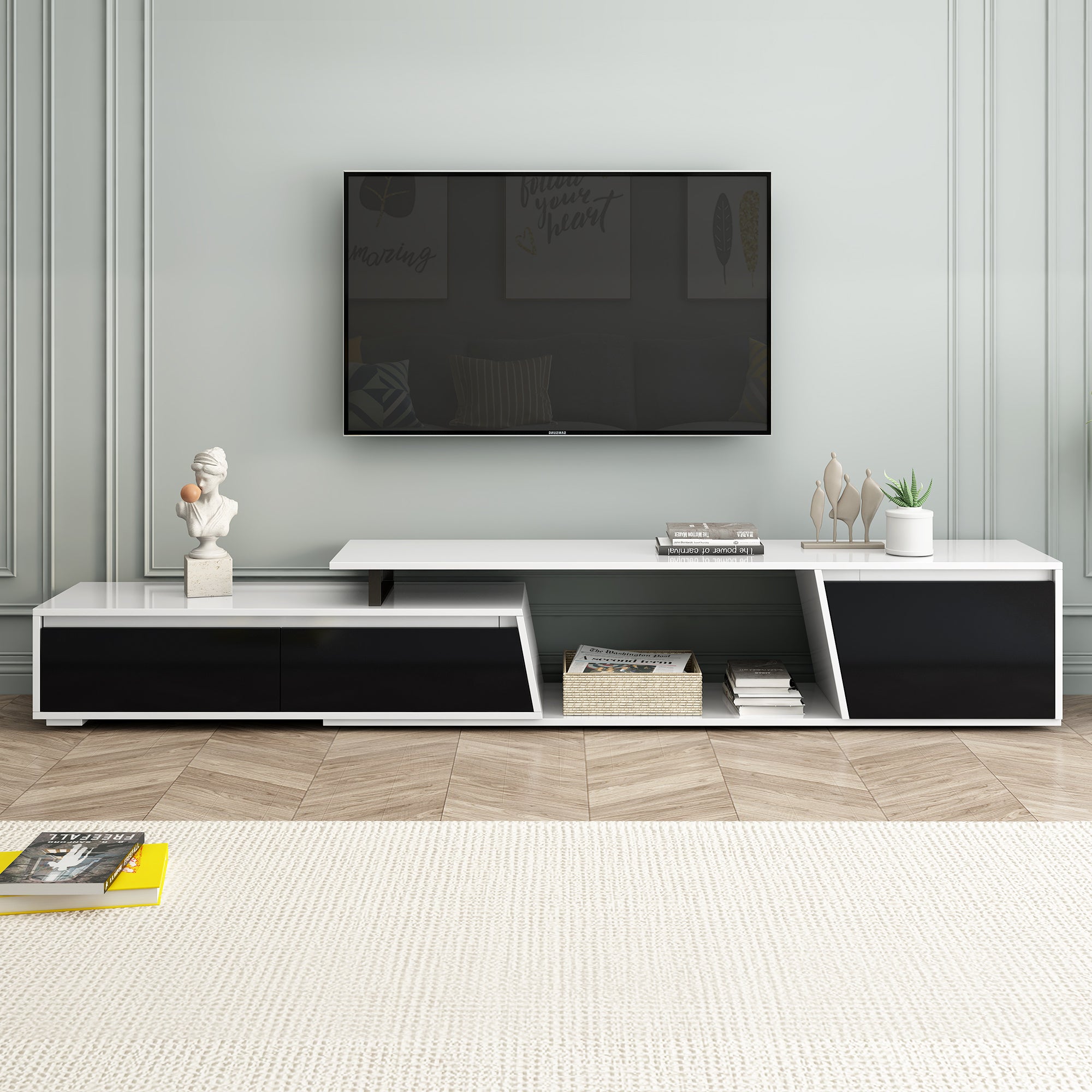 Modern Minimalist Extendable TV Stand with 2 Drawers and Cabinet for Living Room Up to 100 Inches In White