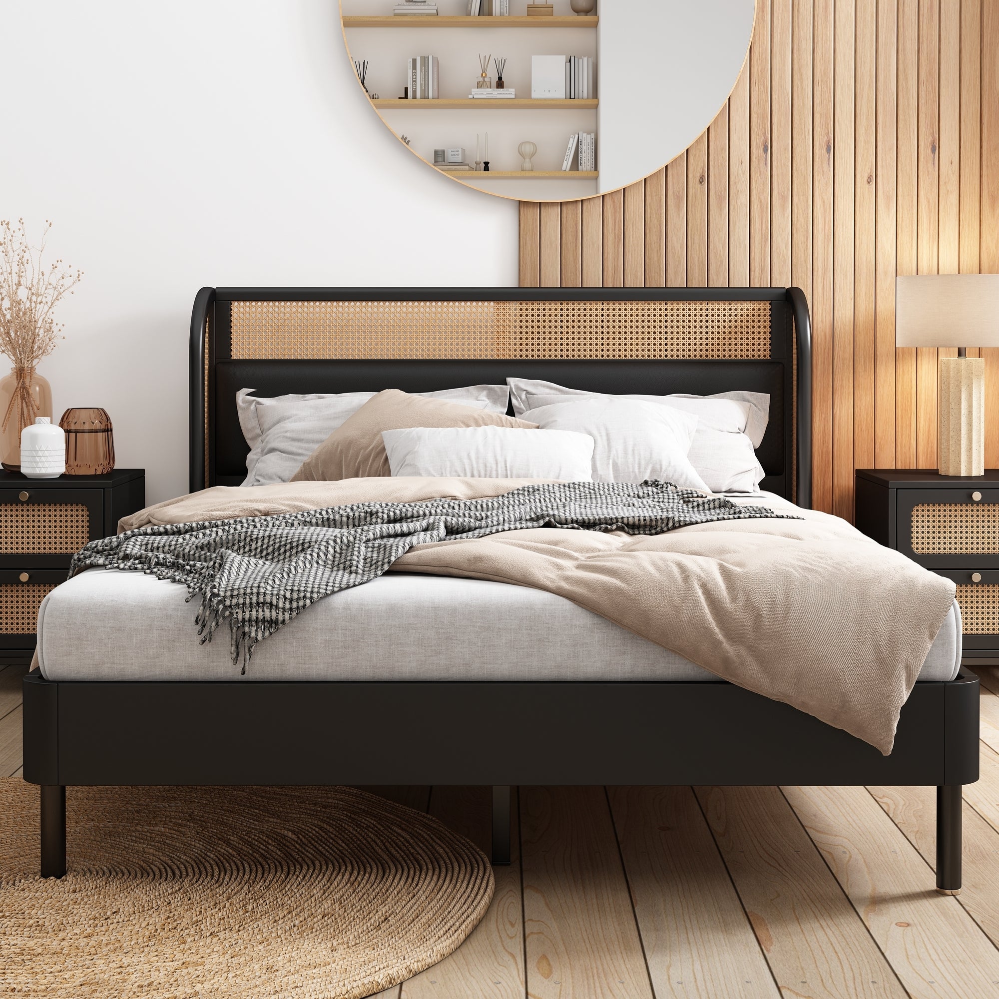 Queen Size Rattan and Faux Leather Upholstered Platform Bed in Black