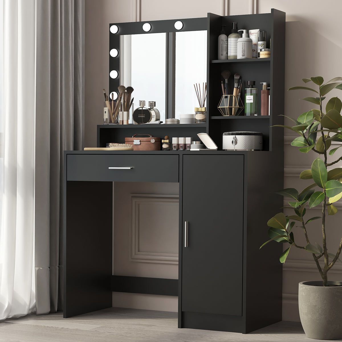 Vanity Desk with Mirror &amp; Light Large Drawer Three Level Storage Dresser Adjustable Brightness In Black